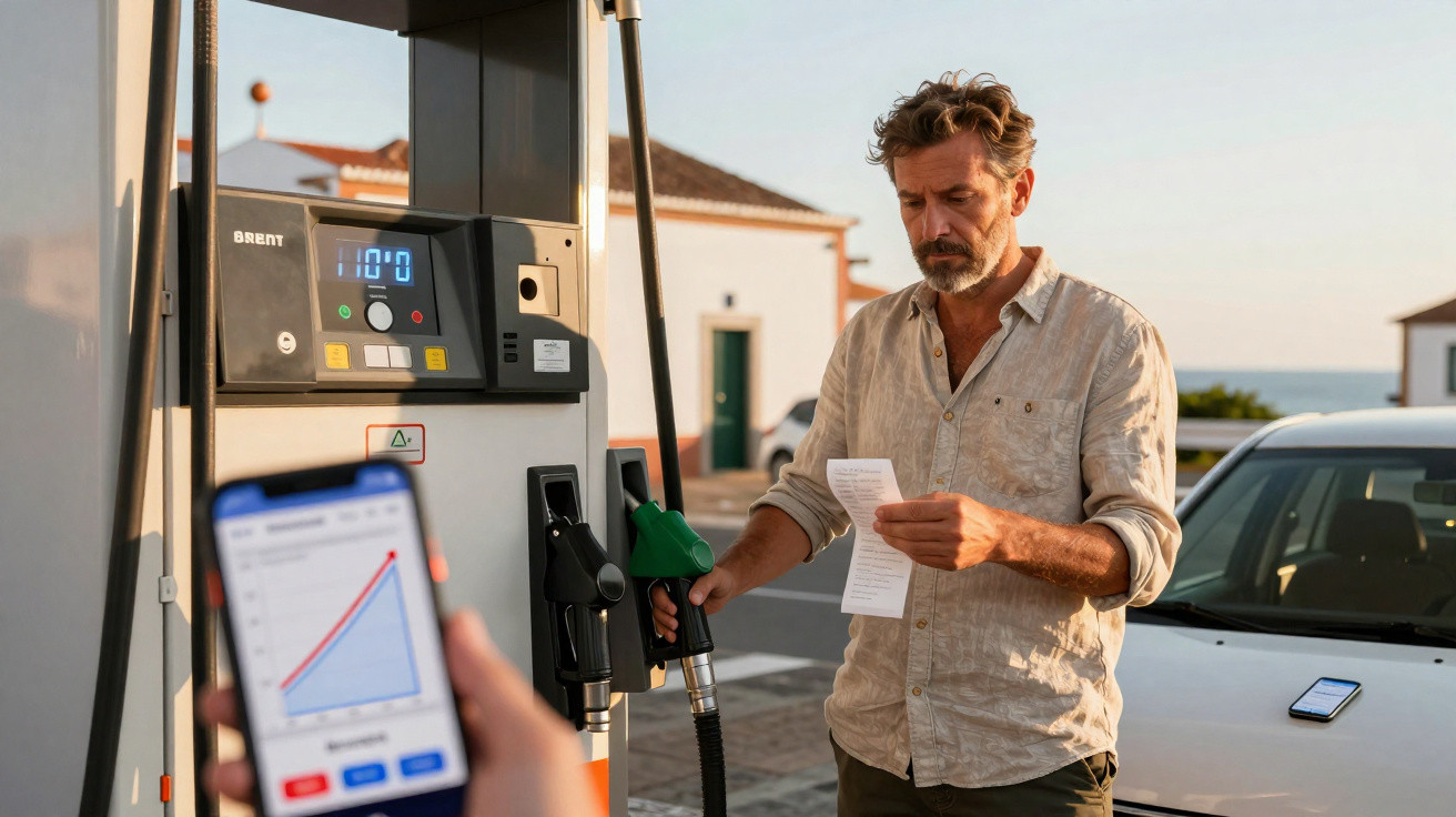 Mann hält Zapfpistole und Beleg an Tankstelle, Handy zeigt Smartphone-App mit Diagramm im Vordergrund.