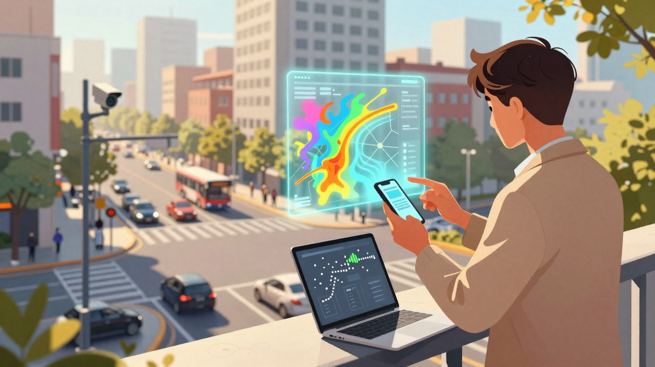 Mann nutzt Smartphone und Laptop mit futuristischen Diagrammen auf einer urbanen Terrasse bei Tageslicht.