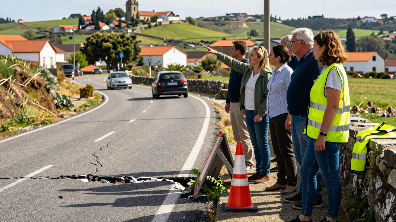 Fünf Personen begutachten eine aufgerissene Landstraße in ländlicher Gegend bei Tageslicht.