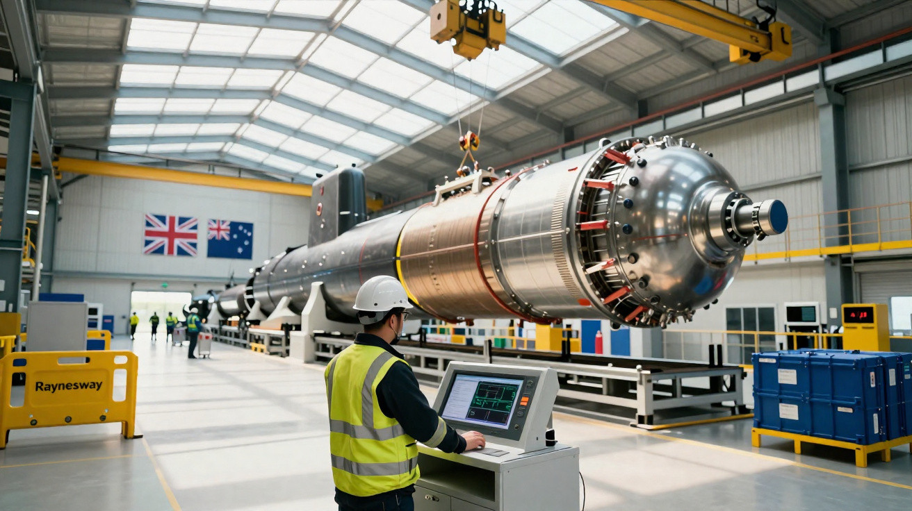 Ingenieur steuert Hebeprozess einer großen metallischen zylindrischen Maschine in Industriehalle.