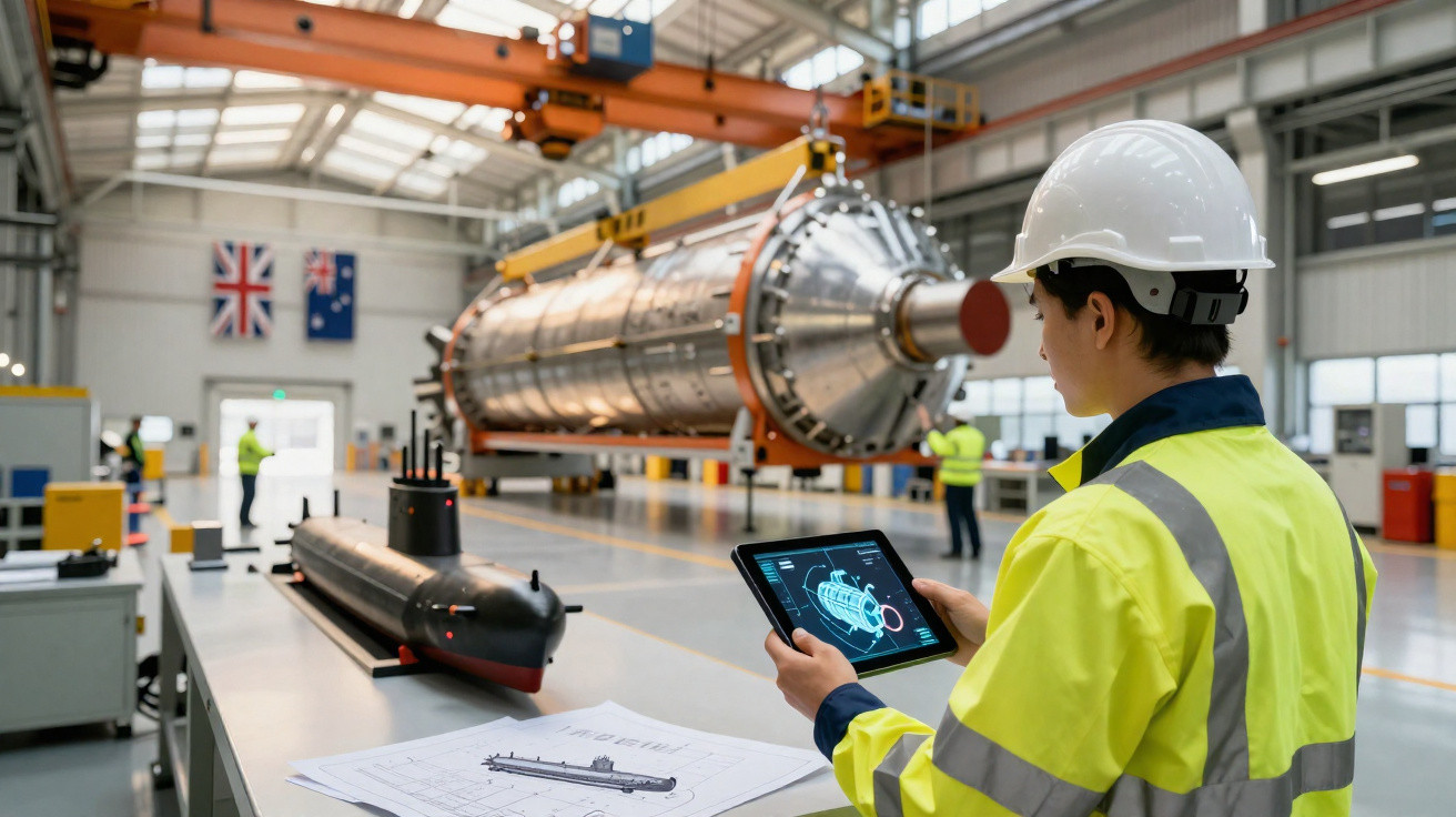 Ingenieur mit Helm und Tablet vor einem U-Boot-Modell und technischem Großgerät in einer Fabrikhalle.