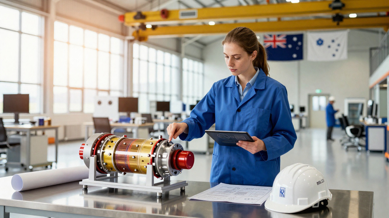 Ingenieurin untersucht technisches Bauteil auf Werkbank in moderner Produktionshalle mit Tablet und Helm.