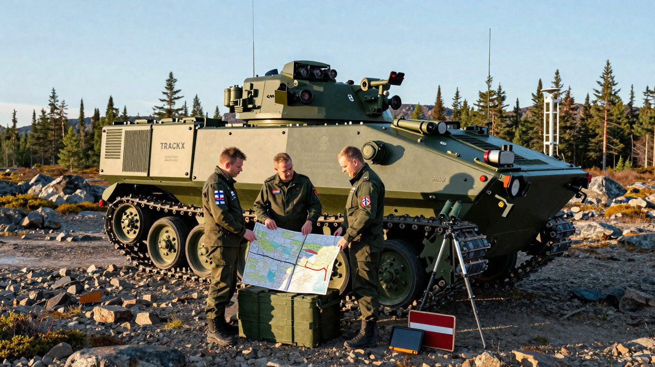 Drei Soldaten analysieren vor einem gepanzerten Fahrzeug eine Karte in einer felsigen Waldlandschaft.