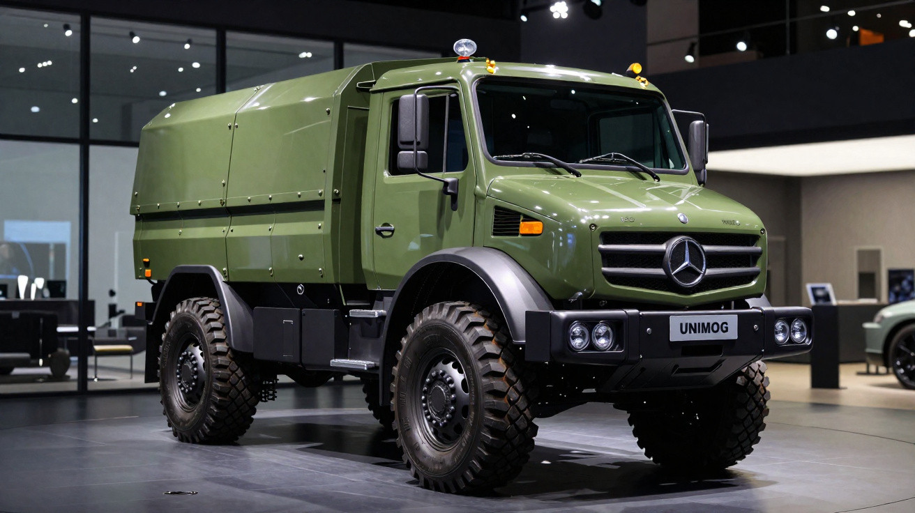 Grüner Mercedes Unimog Geländewagen mit großen Reifen in moderner Ausstellungshalle.