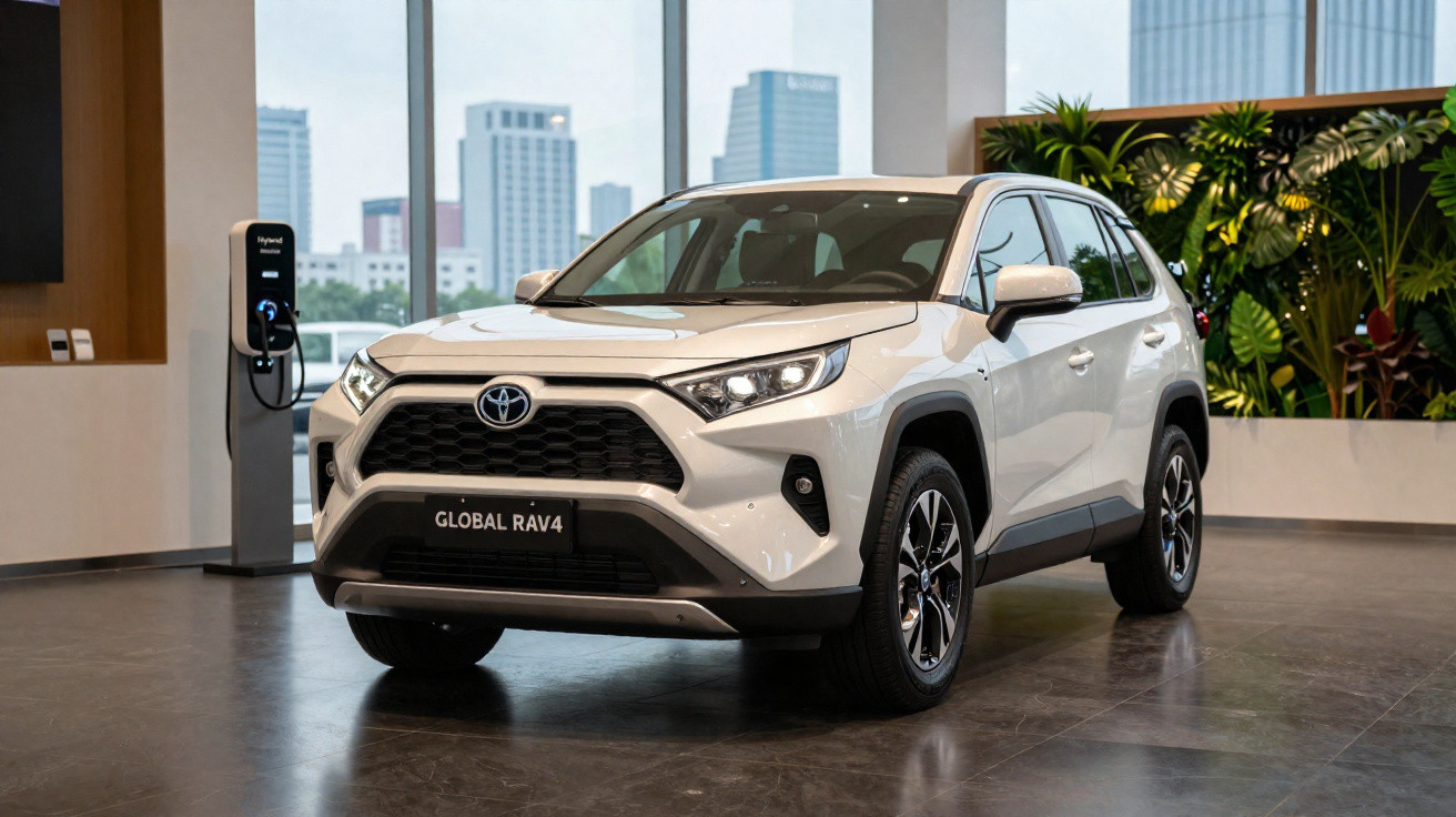 Weißer Toyota RAV4 Hybrid SUV in modernem Autohaus mit City-Hintergrund und Ladestation.