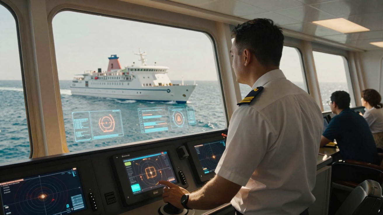 Schiffsbrücke mit Kapitän und digitalen Navigationsanzeigen, anderes Schiff im Meer sichtbar.