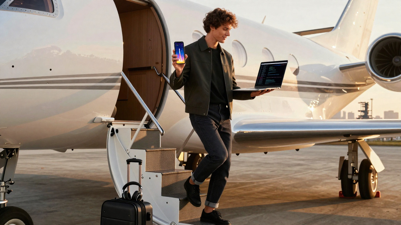 Junger Mann steigt mit Laptop und Smartphone aus Privatjet auf Flughafen, daneben Koffer mit Kopfhörern.