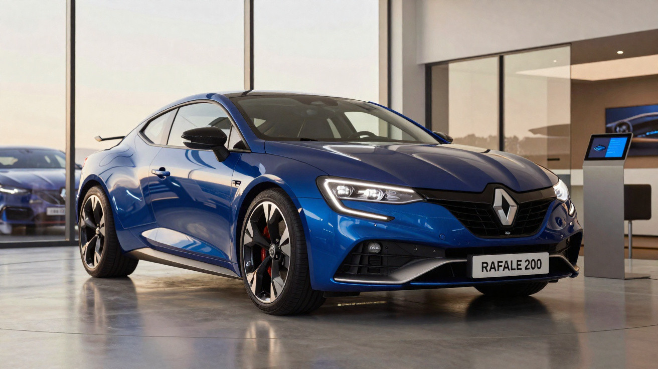 Blauer Renault Rafale 200 Sportwagen in hellem Autohaus mit Glasfront und moderner Einrichtung