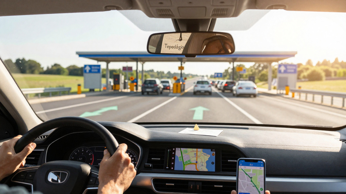 Blick aus dem Auto auf eine Mautstelle mit mehreren Fahrzeugen und Navigationsgeräten im Auto sichtbar.