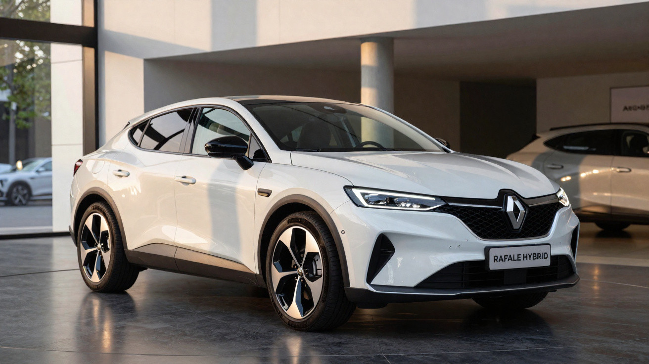 Weißer Renault Rafale Hybrid im Showroom mit modernem Design und sportlichen Details.