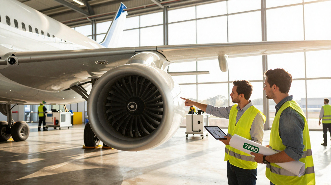Zwei Männer in Warnwesten inspizieren in einer Flugzeughalle den Triebwerk eines Verkehrsflugzeugs.