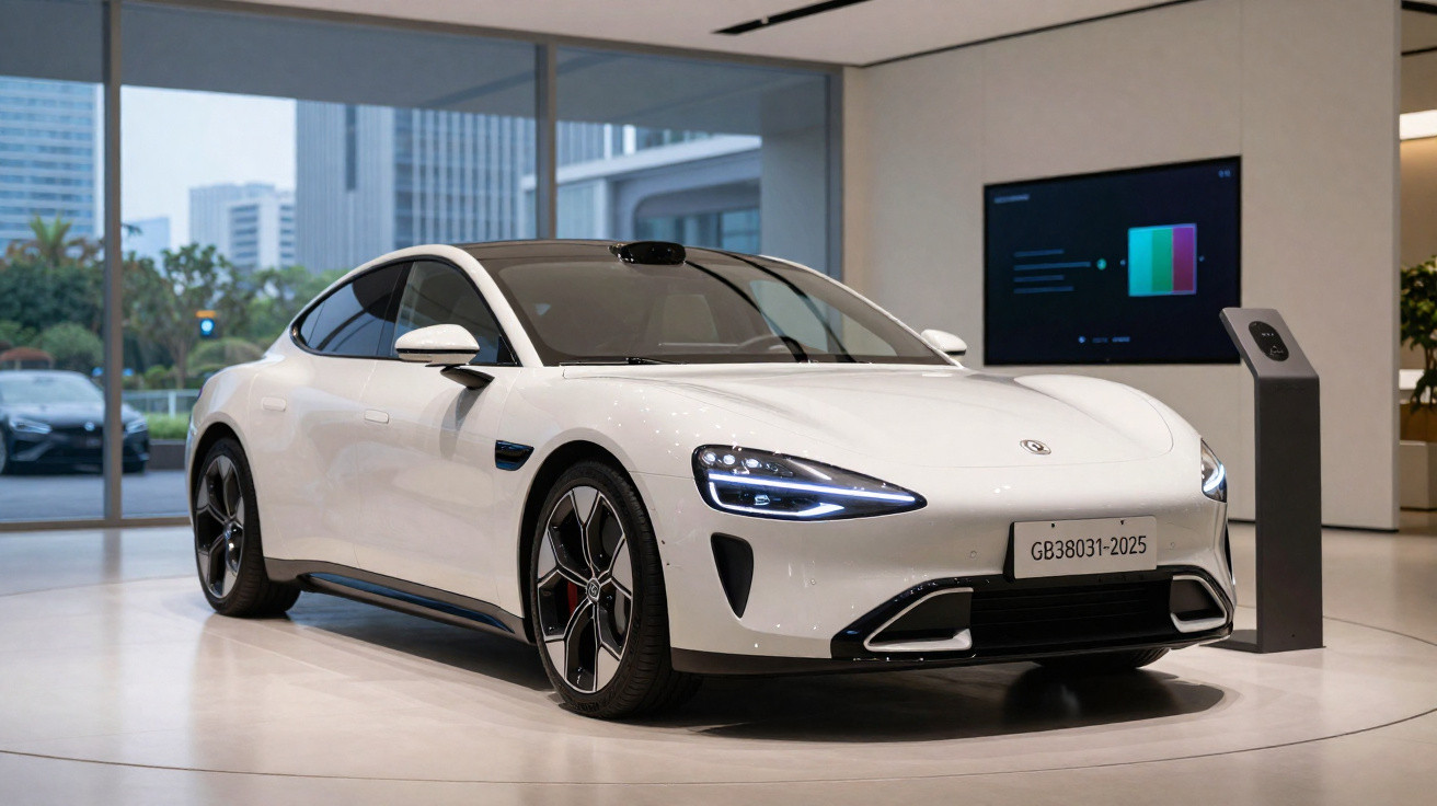 Weißes Elektroauto mit modernem Design in einem showroomartigen Raum mit großen Fenstern und Displays.