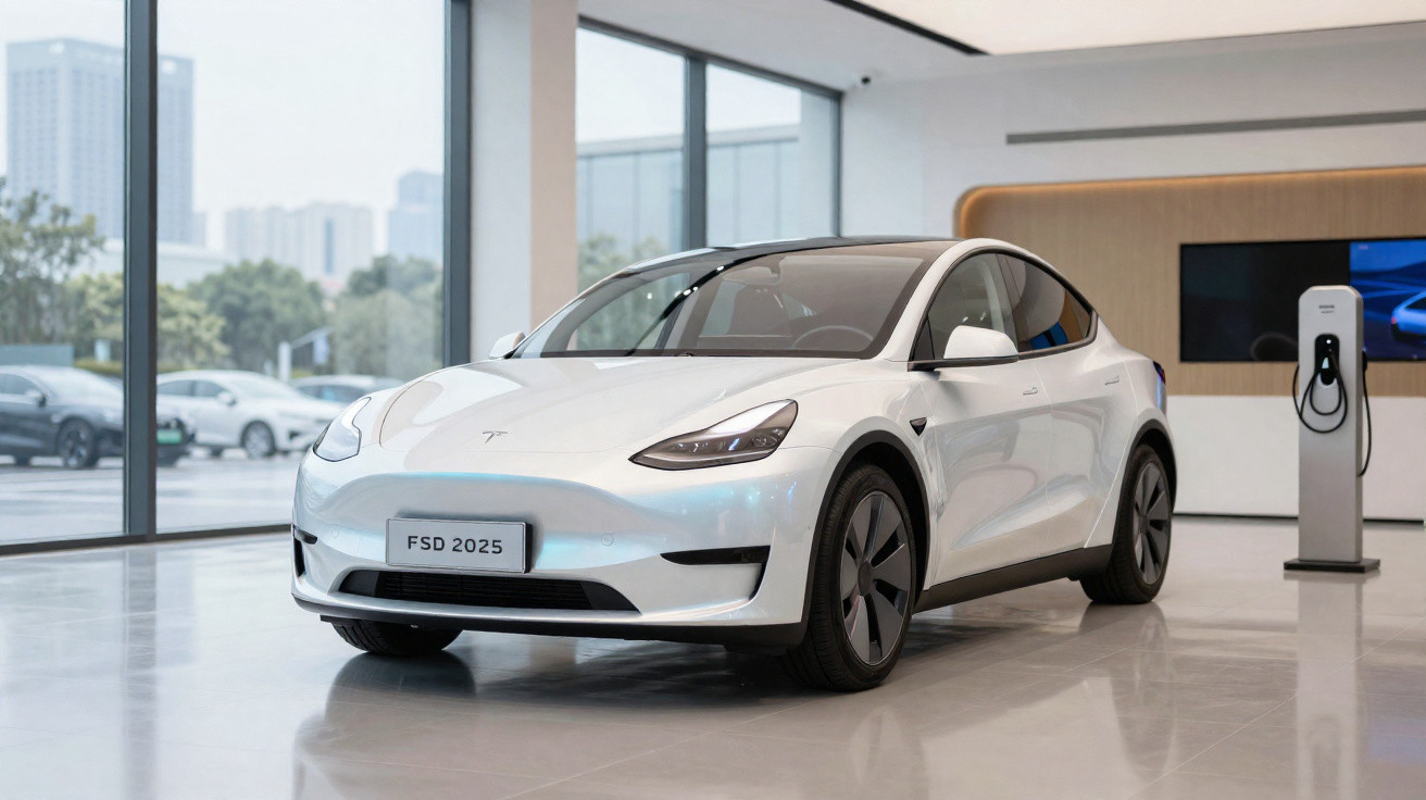 Weißes Tesla Model 3 Elektroauto im Showroom neben einer Ladestation.