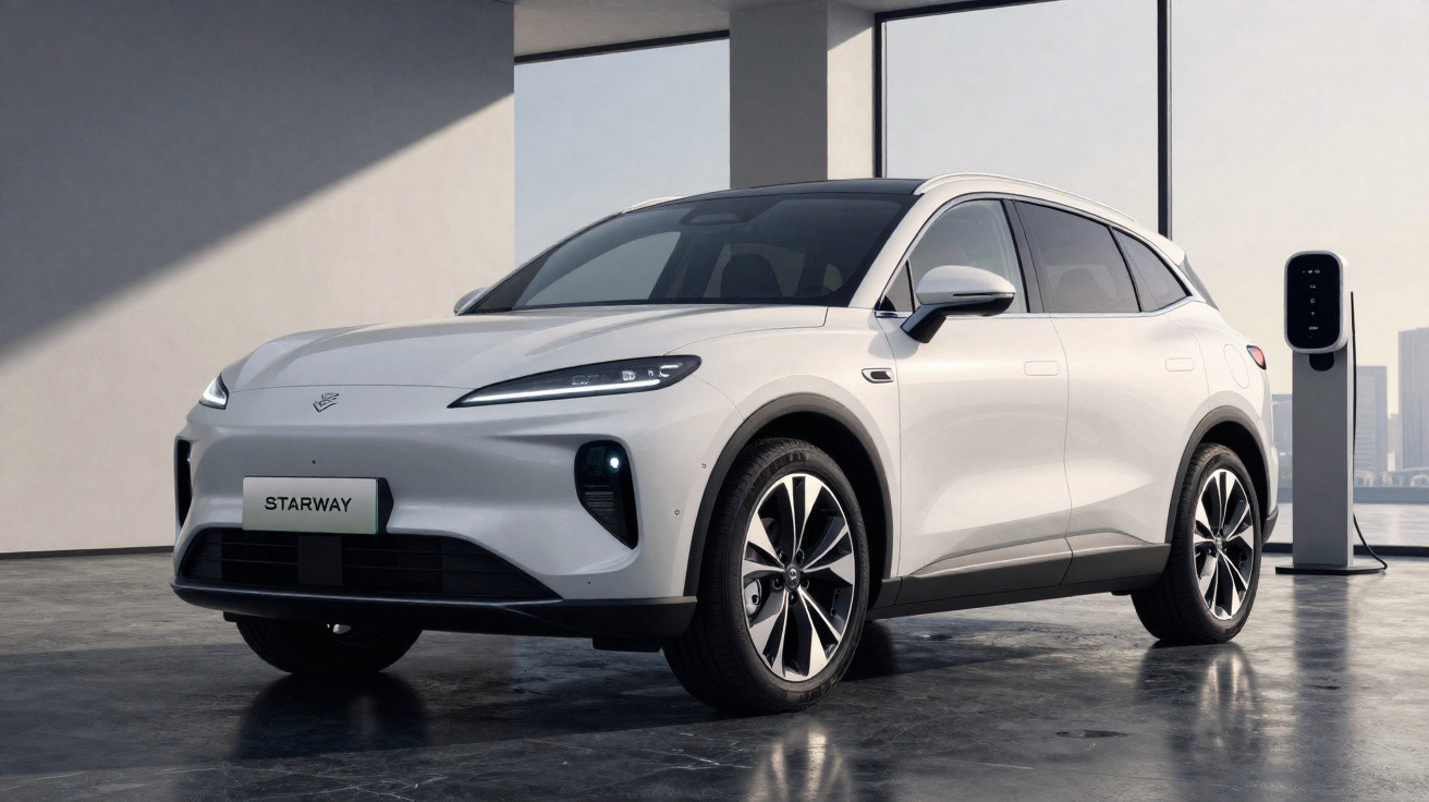 Weißes Elektro-SUV Starway steht in modernem Raum neben Ladestation bei Tageslicht.