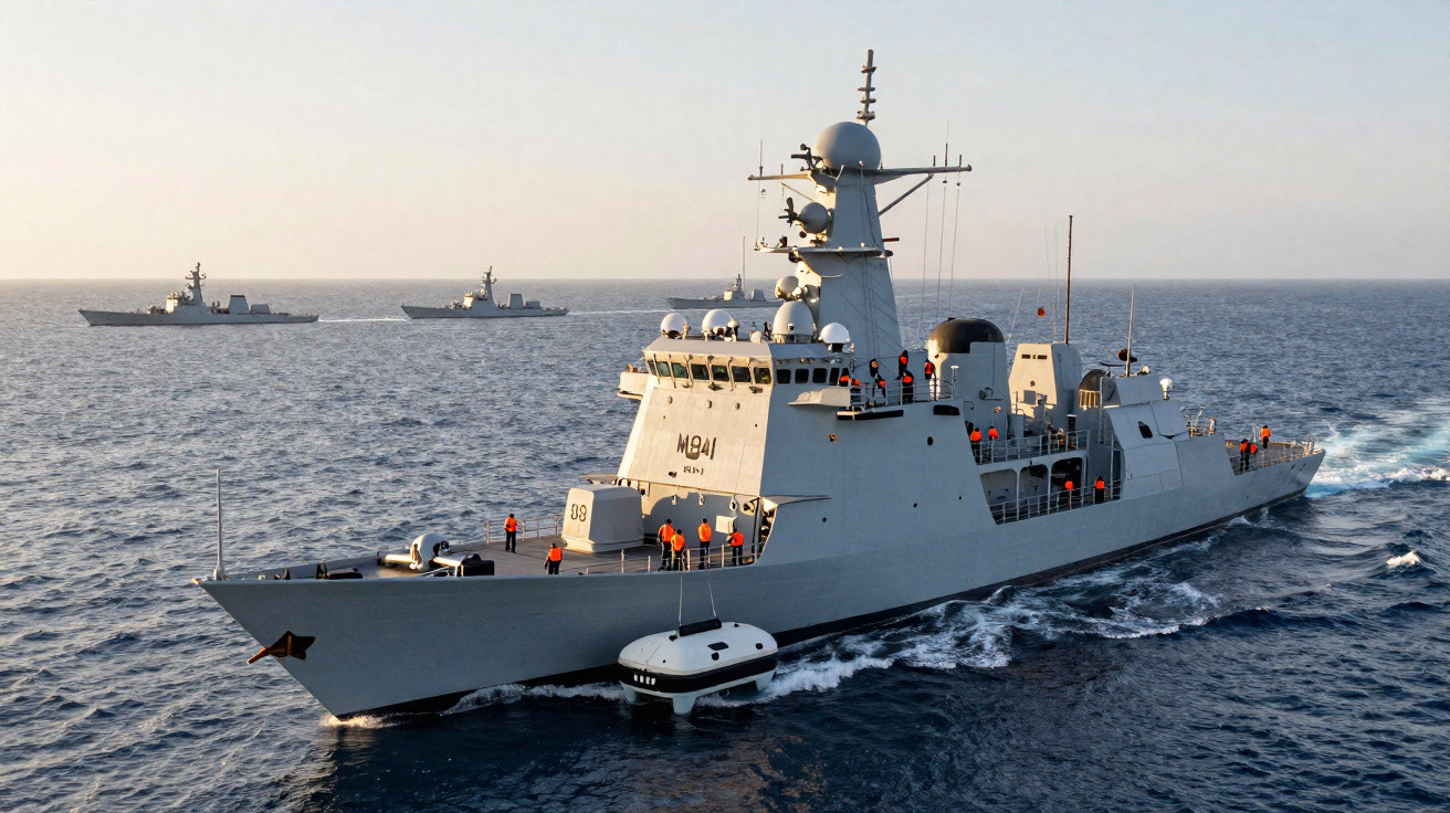 Kriegsschiff mit Besatzung fährt bei ruhiger See, zwei weitere Schiffe im Hintergrund sichtbar.