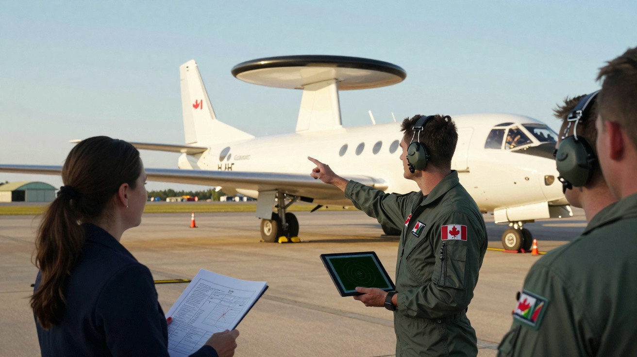 Kanadische Militärangehörige besprechen vor einem AWACS-Flugzeug auf einem Flugplatz Einsatzdetails.
