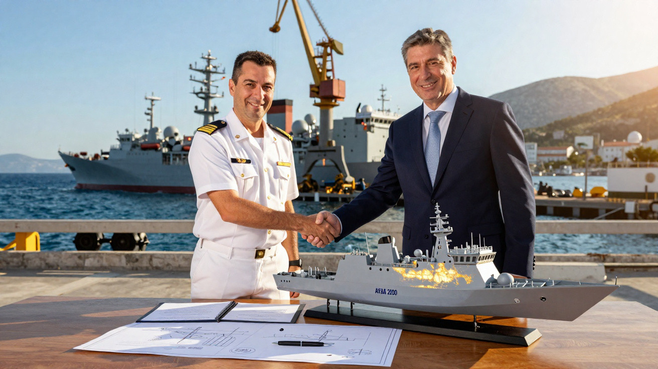 Zwei Männer, einer in Marineuniform, schütteln sich vor einem Schiffsmodell und Plänen am Hafen die Hand.