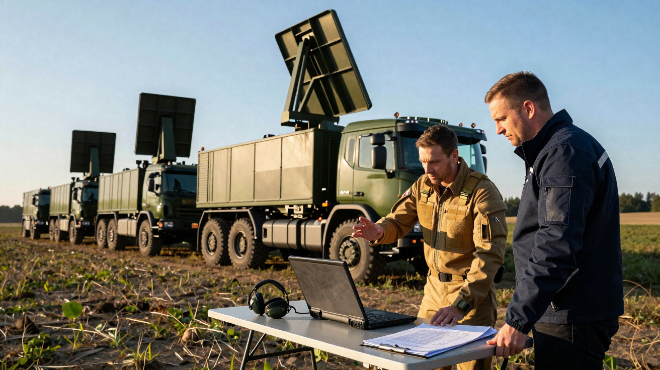 Zwei Männer analysieren Daten an einem Laptop vor Militärfahrzeugen mit aufgerichteten Radaranlagen auf einem Feld.