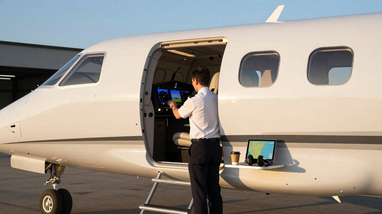 Pilot bedient Cockpit eines Privatjets mit Tablet und Kaffee auf ausklappbarem Tisch außen am Flugzeug.