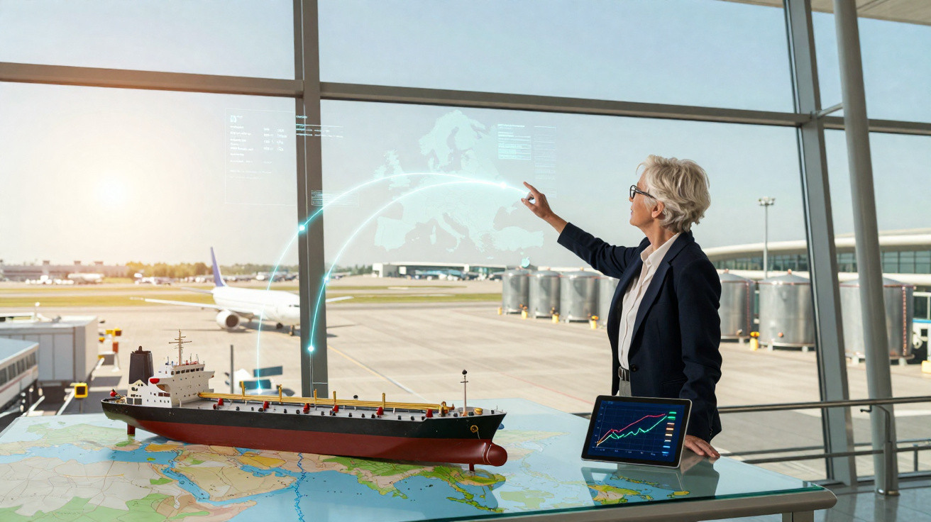 Frau im Businessanzug nutzt digitale Projektion über Flughafen mit Modellschiff und Tablet auf Kartentisch.