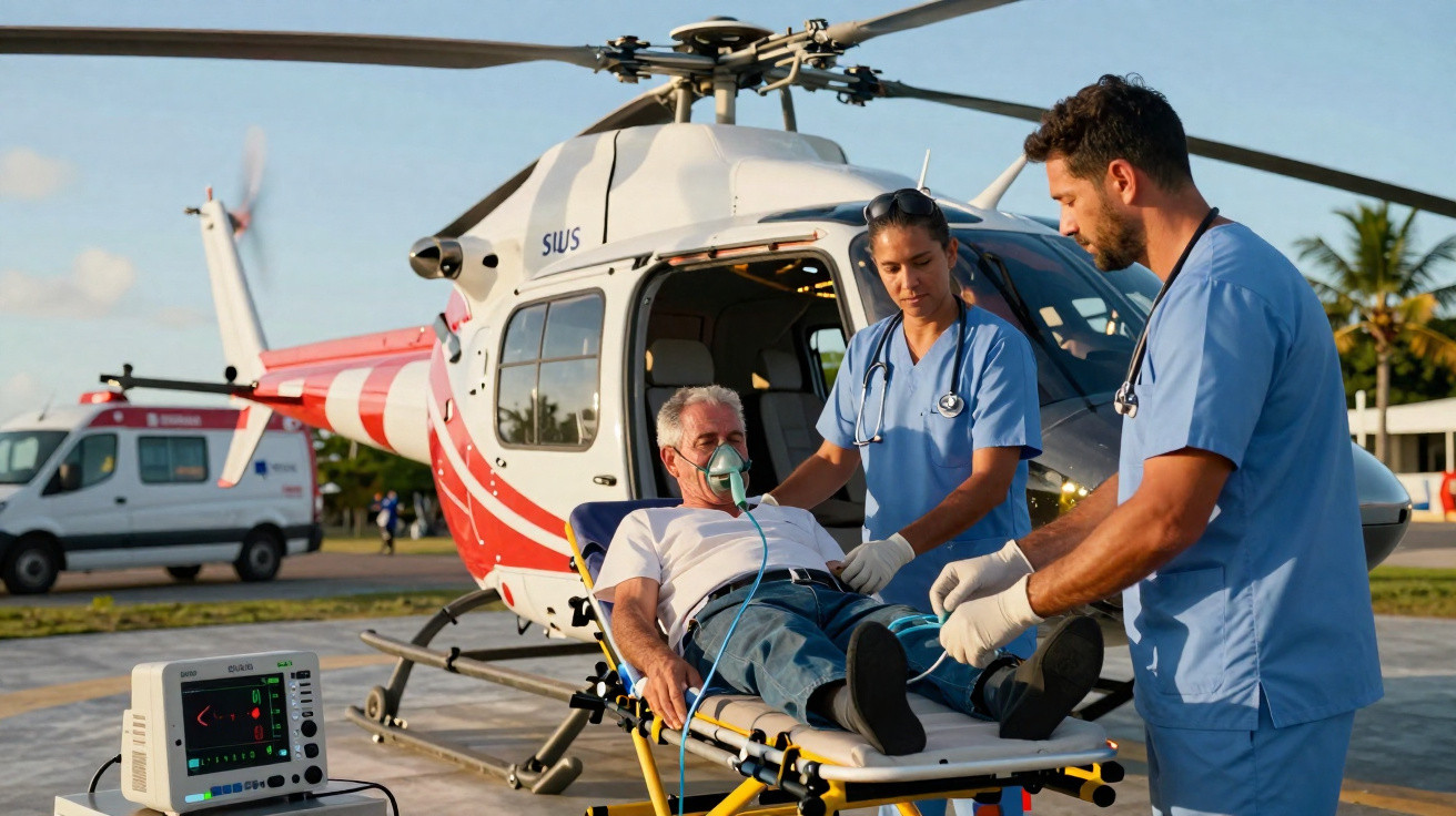 Sanitäter versorgen einen Patienten mit Sauerstoff auf Trage vor Rettungshubschrauber im Einsatzgebiet.