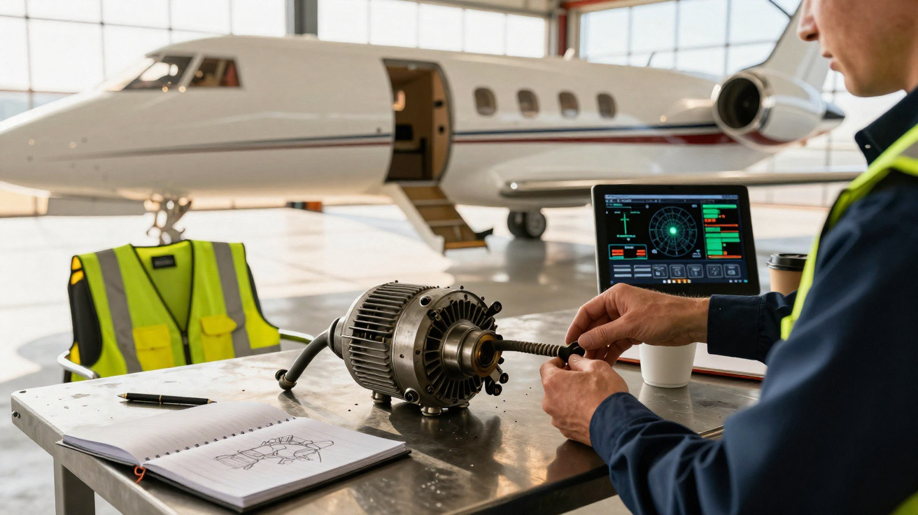 Techniker arbeitet an Flugzeugteil mit offenem Jet im Hangar und Laptop mit Radarbildschirm.