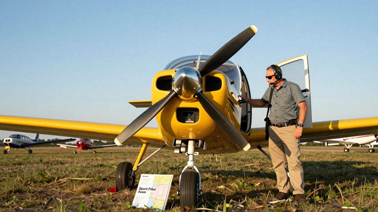 Gelbes Sportflugzeug mit Pilot, der neben offener Tür auf grasigem Feld steht.