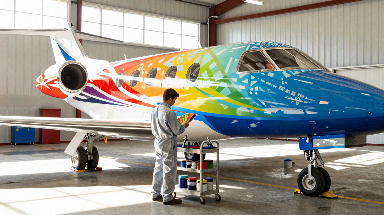 Mann in Overall lackiert eine kleine Privatjet mit buntem Regenbogen-Design in einer Flugzeughalle.