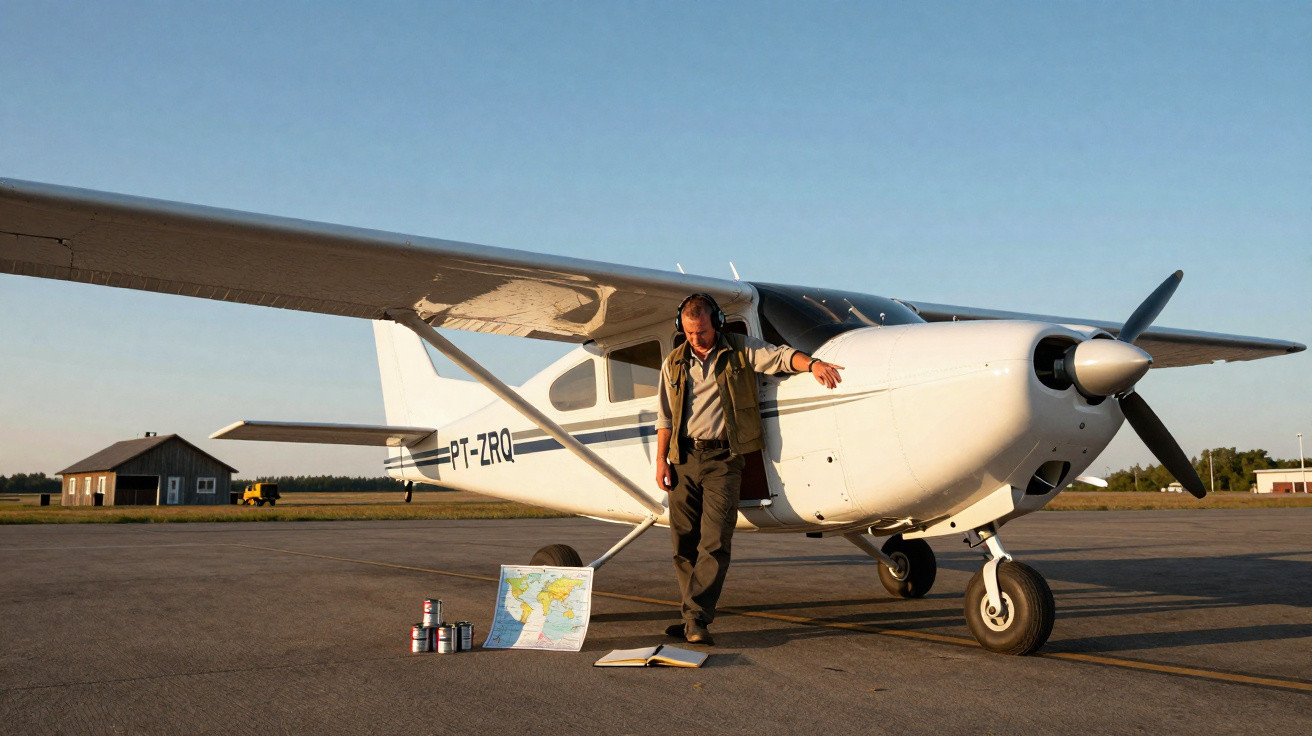Mann mit Kopfhörern neben kleinem Flugzeug auf Rollfeld, Landkarte und Farben auf Boden daneben.