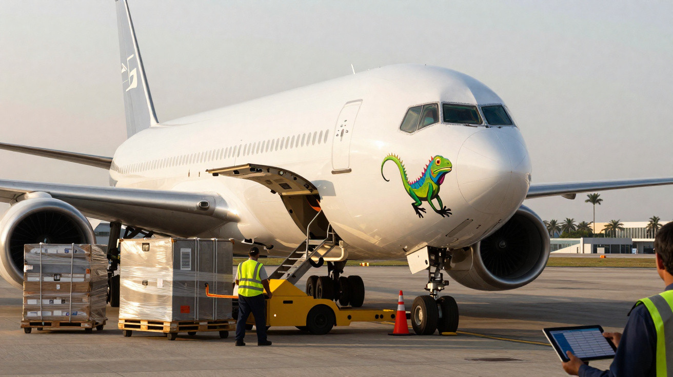 Frachtflugzeug auf Rollfeld mit bemaltem Dinosaurier am Bug und Arbeitern in Warnwesten beim Verladen.