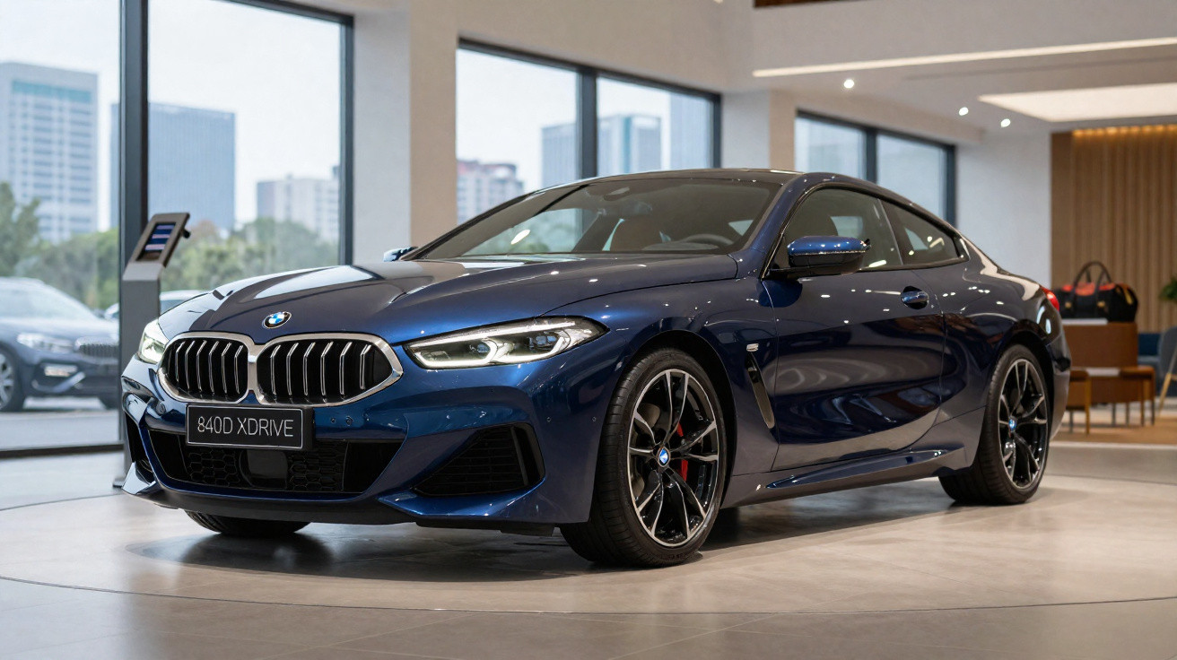 Blauer BMW 840d xDrive Coupé im modernen Autohaus mit großen Fenstern und Stadtblick
