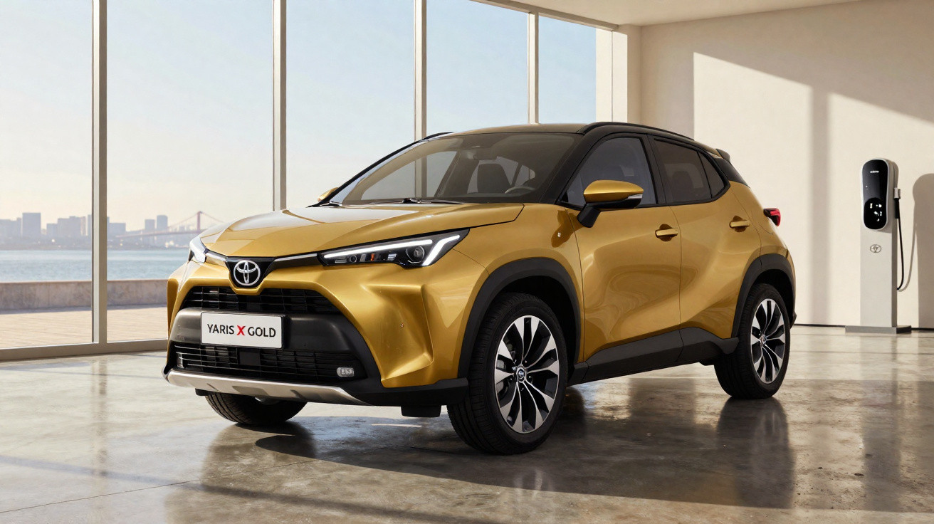 Goldfarbener Toyota Yaris X, stehend in einem hellen Raum mit großen Fenstern und Elektroauto-Ladestation.