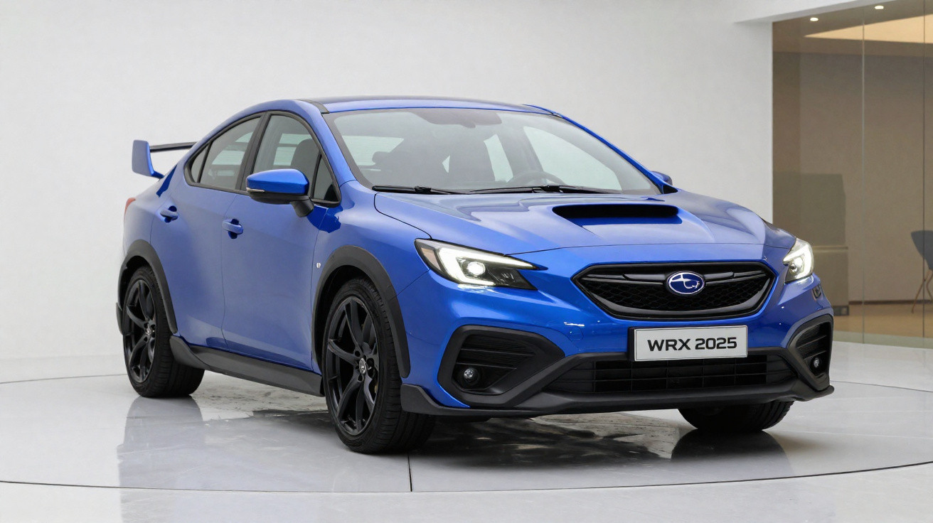 Blauer Subaru WRX 2025 Sportwagen mit aggressivem Design und breitem Heckspoiler in weißem Studio.