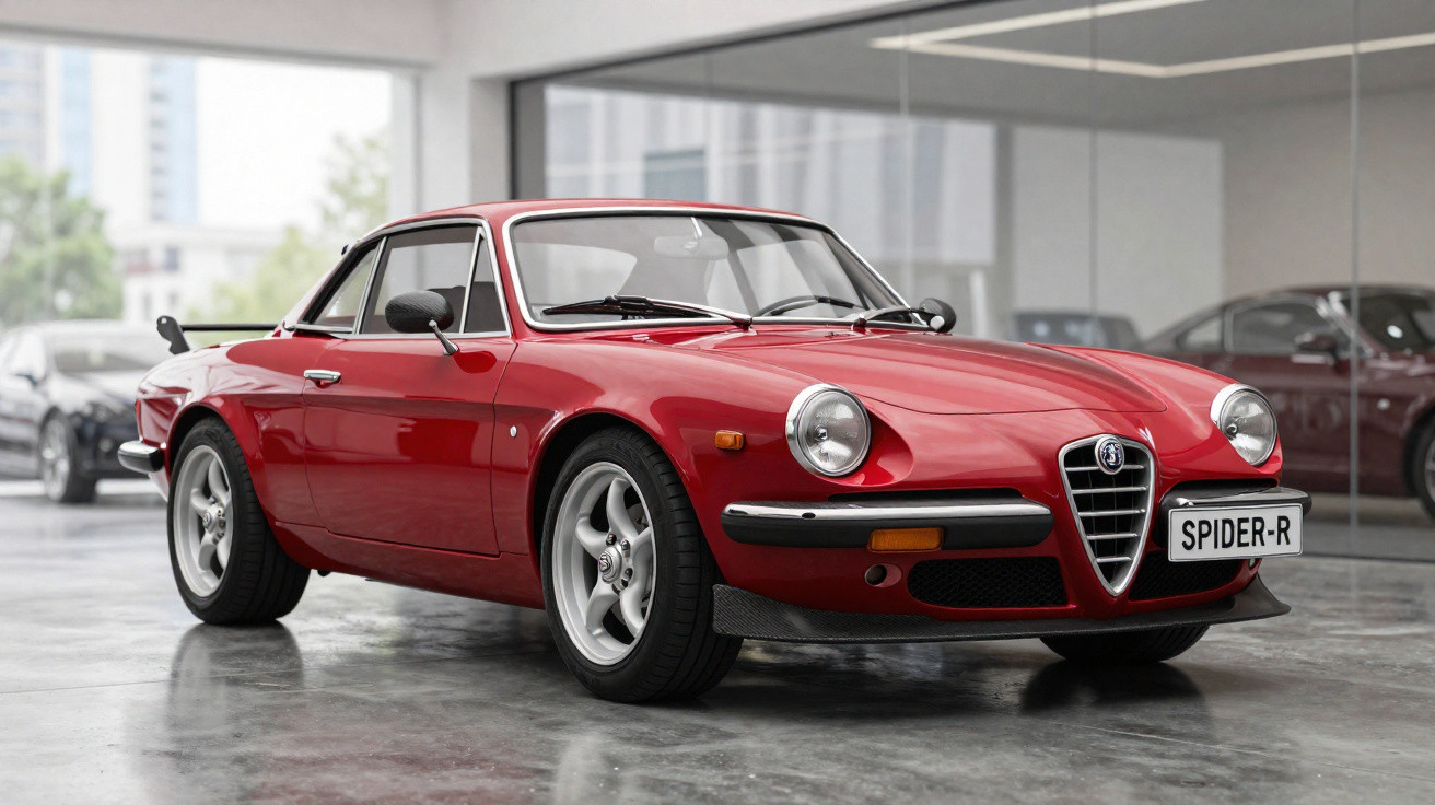 Roter Alfa Romeo Spider-R Oldtimer-Sportwagen in moderner Ausstellungshalle auf spiegelndem Boden.