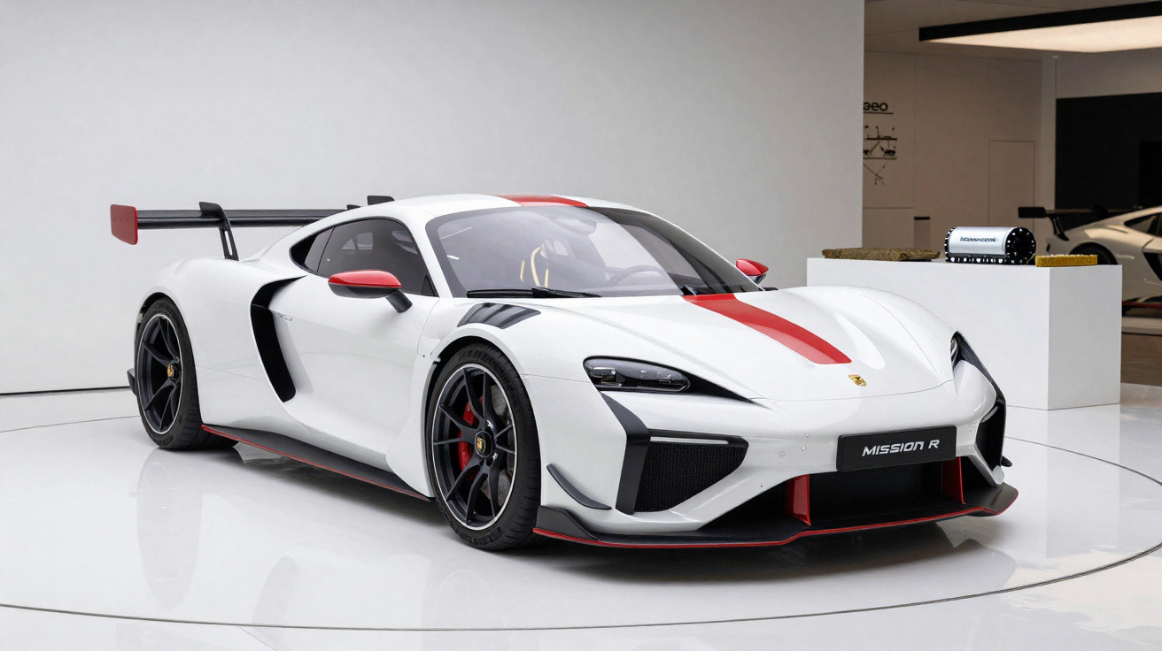 Weißer Porsche Mission R Rennwagen mit rotem Streifen und großem Heckflügel im Ausstellungsraum.