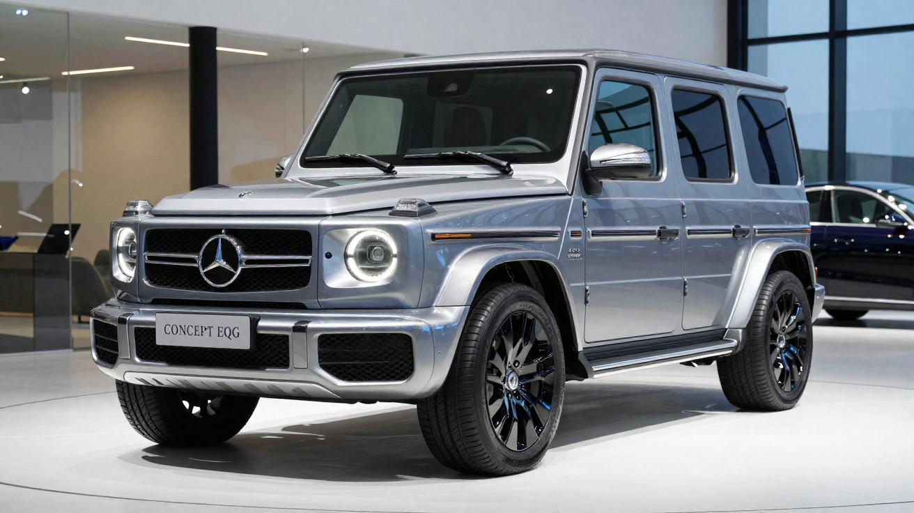 Silberner Mercedes-Benz Concept EQG Geländewagen mit LED-Scheinwerfern in einer Ausstellungshalle.