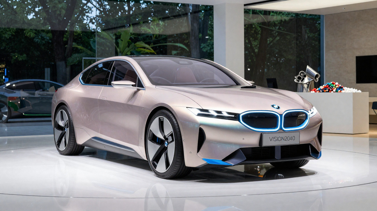 Silberner BMW Vision 2040 Elektro-Sportwagen in moderner Ausstellungshalle mit großen Fensterfronten.