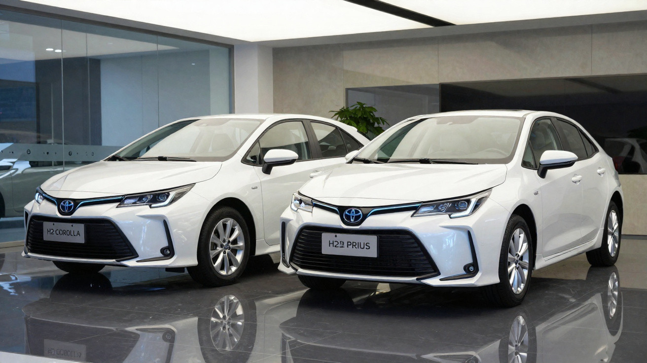 Zwei weiße Toyota Hybrid-Fahrzeuge, Corolla und Prius, stehen nebeneinander in einem Showroom auf glänzendem Boden.