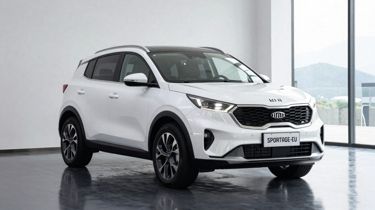 Weißer Kia Sportage SUV in einem modernen, hellen Showroom mit großen Fenstern und Bergblick.
