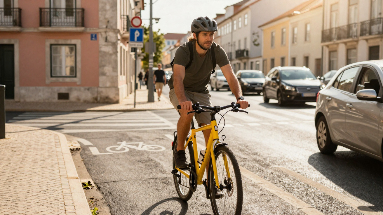 Mann mit Helm fährt auf gelbem Fahrrad auf Radweg in einer sonnigen Stadtstraße mit Autos im Hintergrund.