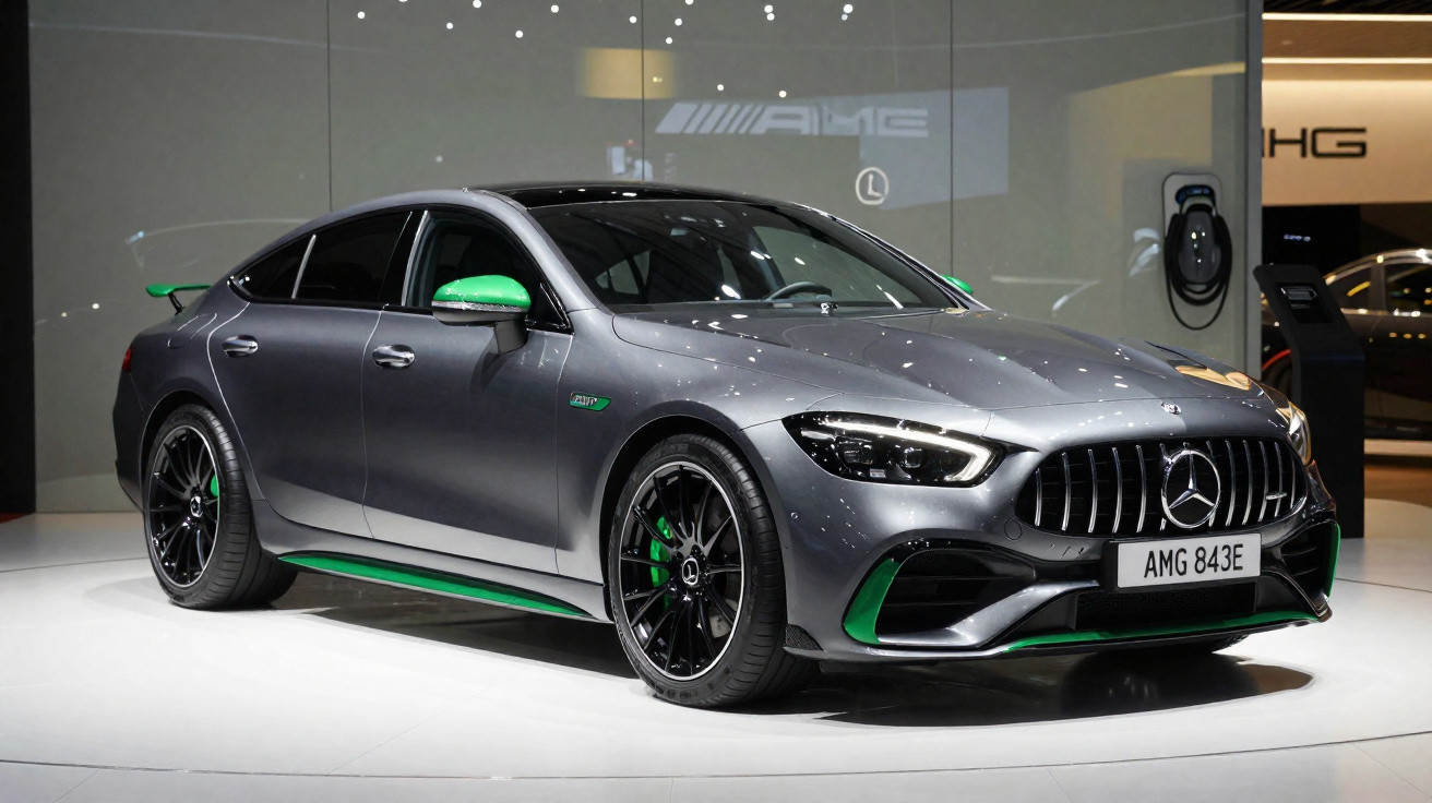 Silberner Mercedes-AMG mit grünen Akzenten auf Messepodest in modernem Ausstellungsraum.