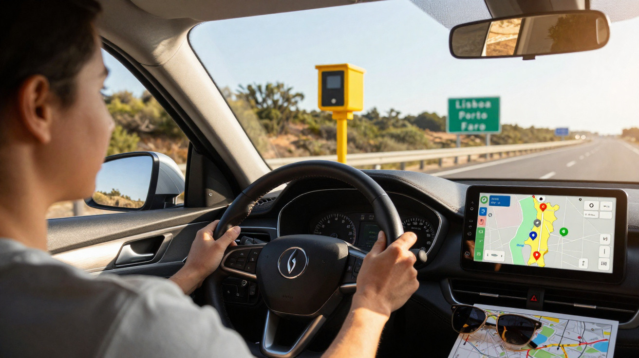 Frau fährt Auto auf Autobahn mit GPS im Display und Überwachungskamera am Straßenrand.