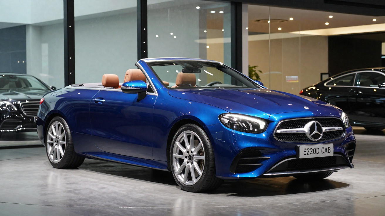 Blauer Mercedes-Benz E220 Cabrio mit offenem Verdeck in einem modernen Autohaus bei Innenbeleuchtung.