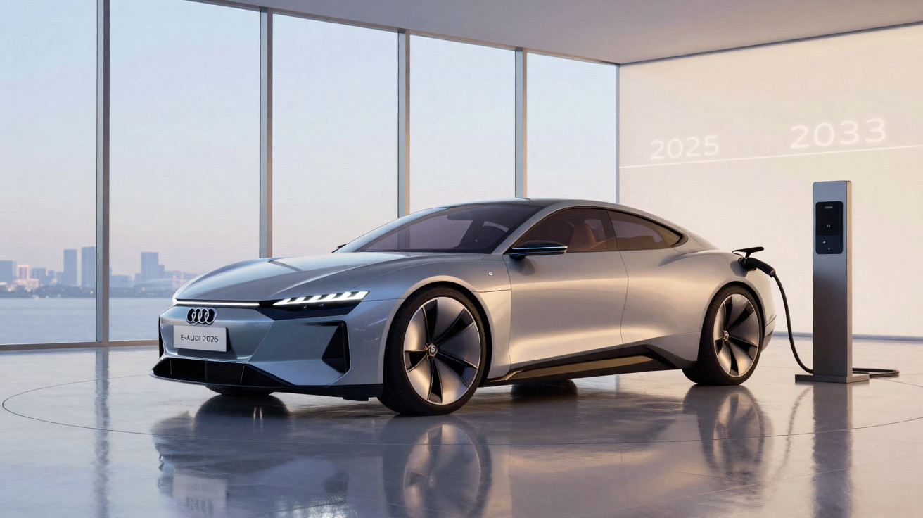 Silberner Audi Elektro-Sportwagen lädt an Ladestation in modernem Raum mit großen Fenstern.