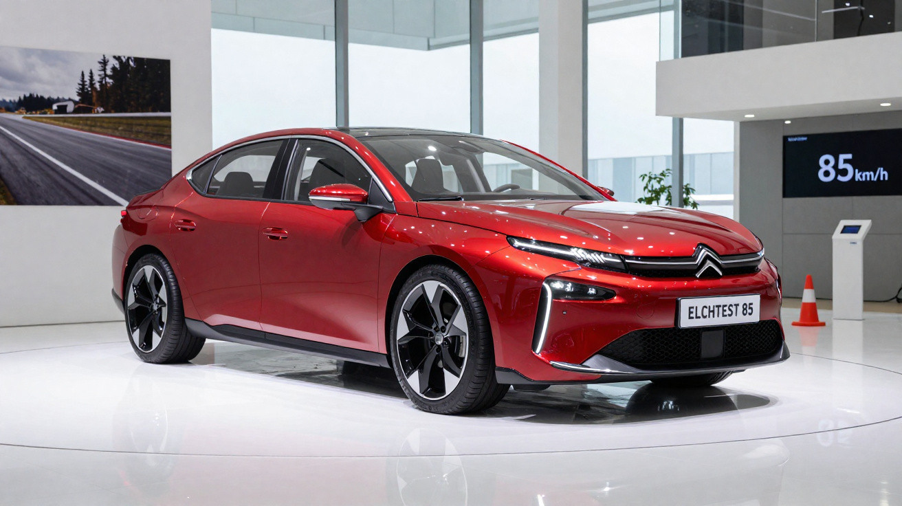 Roter Citroën Elchtest 85 Elektroauto im Showroom mit Weiß glänzendem Boden und moderner Architektur.