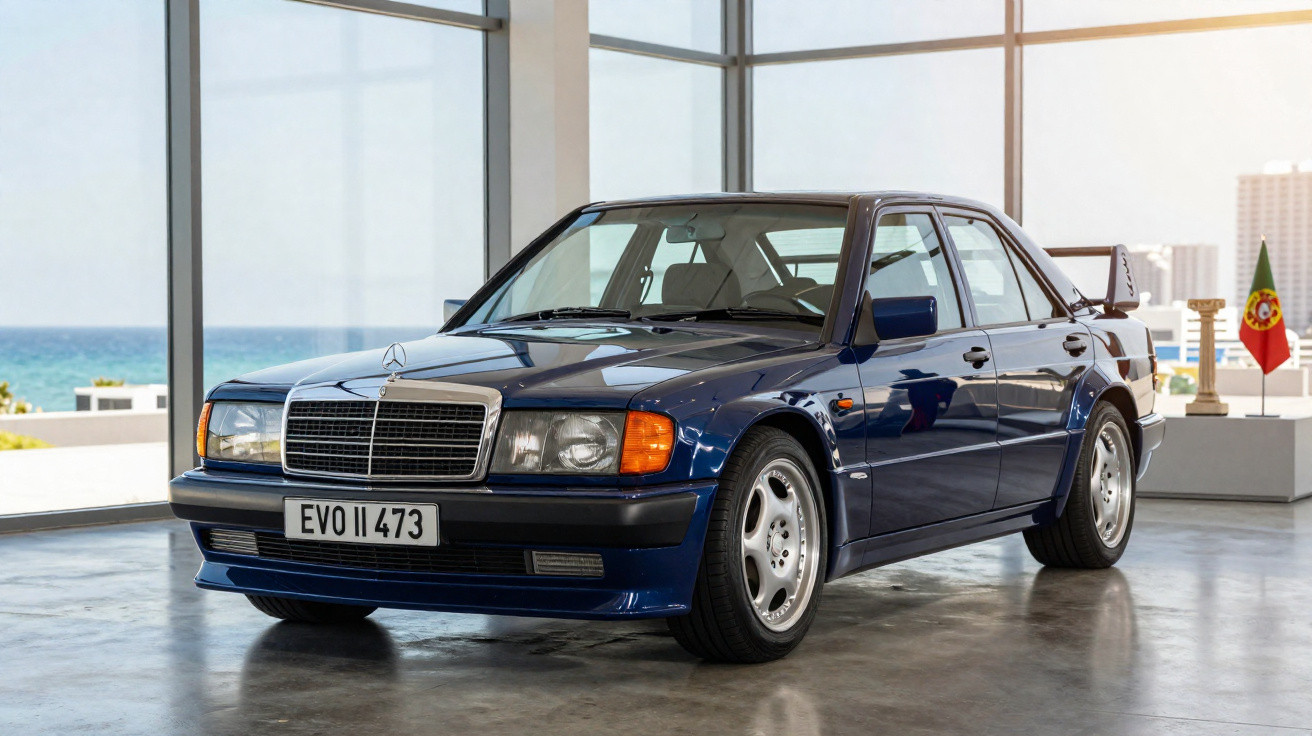 Blauer Mercedes-Benz 190E Evo II parkt in modernem Raum mit Meerblick und portugiesischer Flagge im Hintergrund.
