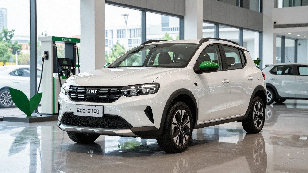 Weißer Dacia Eco-G 100 SUV mit grünen Außenspiegeln in einem modernen Autohaus.