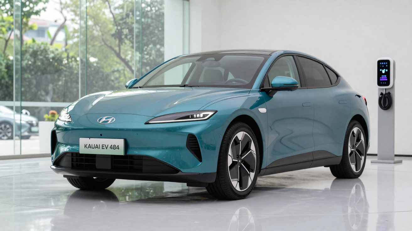 Blauer Hyundai Kauai EV 484 Elektroauto in einem Showroom neben einer Ladestation.