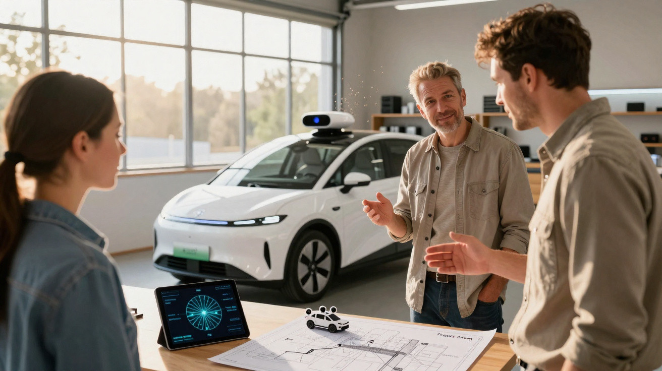 Drei Personen diskutieren im hellen Büro über einen autonomen weißen Prototypwagen mit Plänen und Laptop.