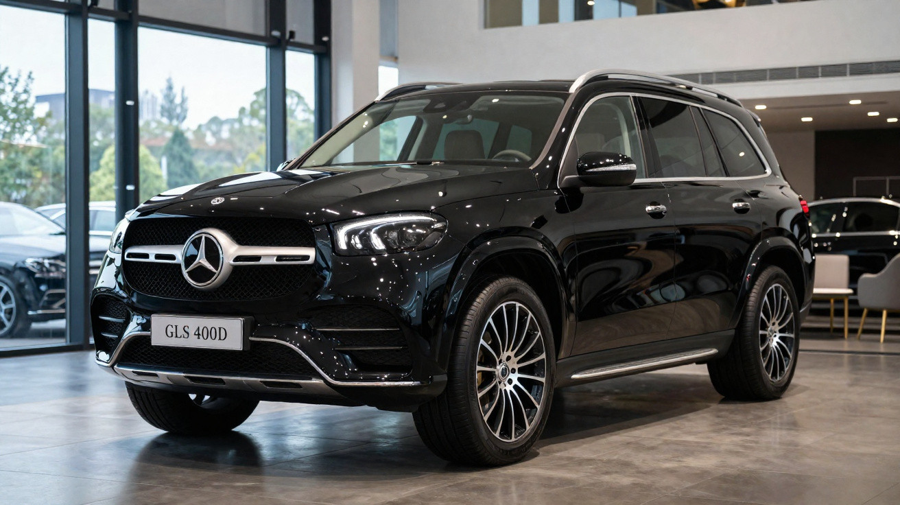 Schwarzer Mercedes-Benz GLS 400D SUV in einem modernen Autohaus mit großen Fenstern und poliertem Boden.